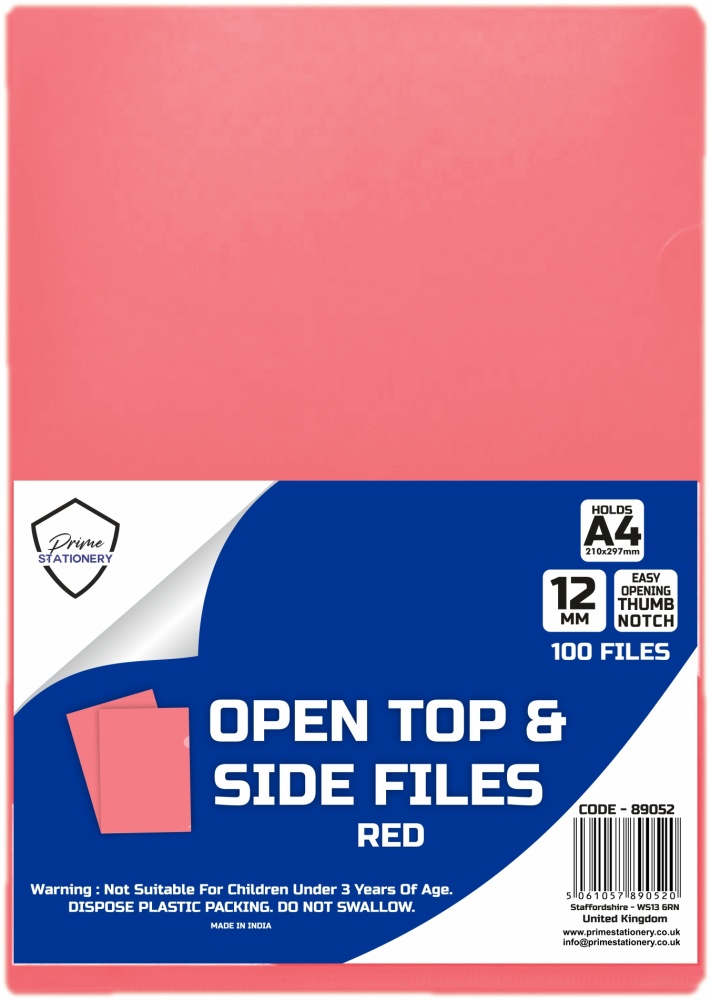 Prime A4 Open Top and Side Files Red Pack of 100